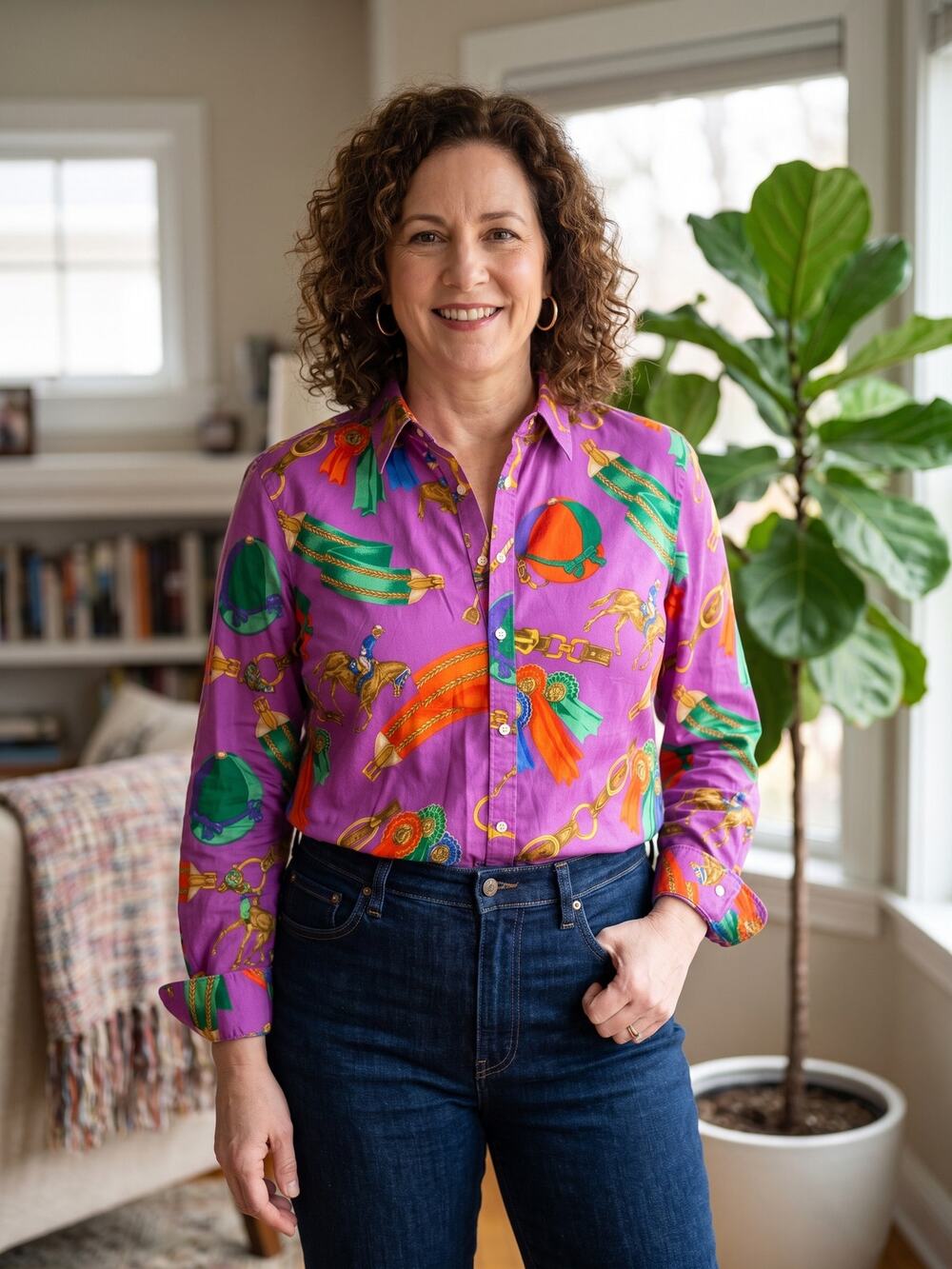 Lauren Ralph Lauren Purple Equestrian Novelty Horse Show Print Cotton Shirt